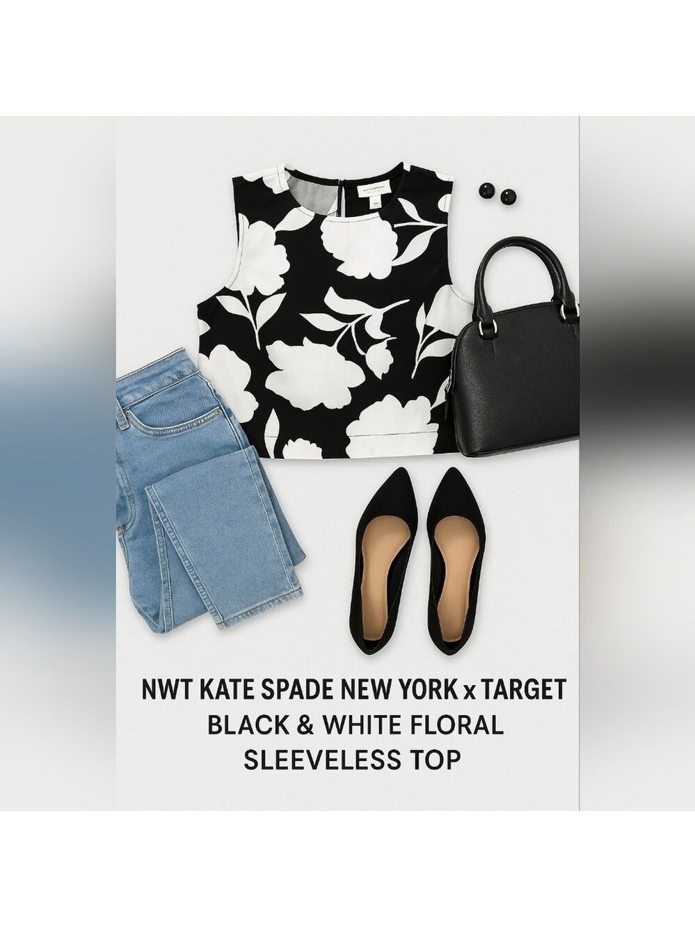 NWT Kate Spade Black White Sleeveless Cropped Floral Blouse Size Small